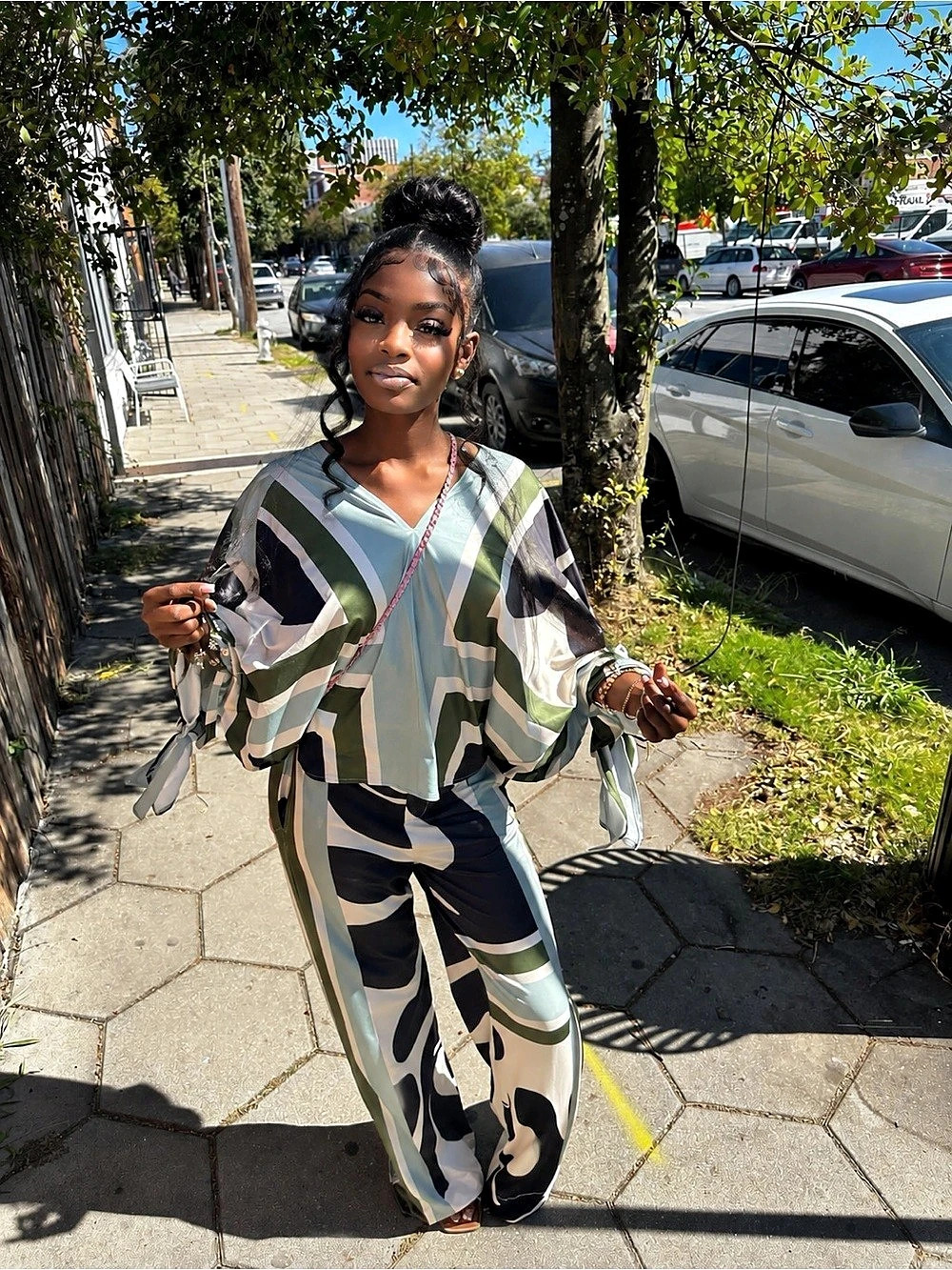 Geometric Wide-Leg Jumpsuit in Green & Black Like New